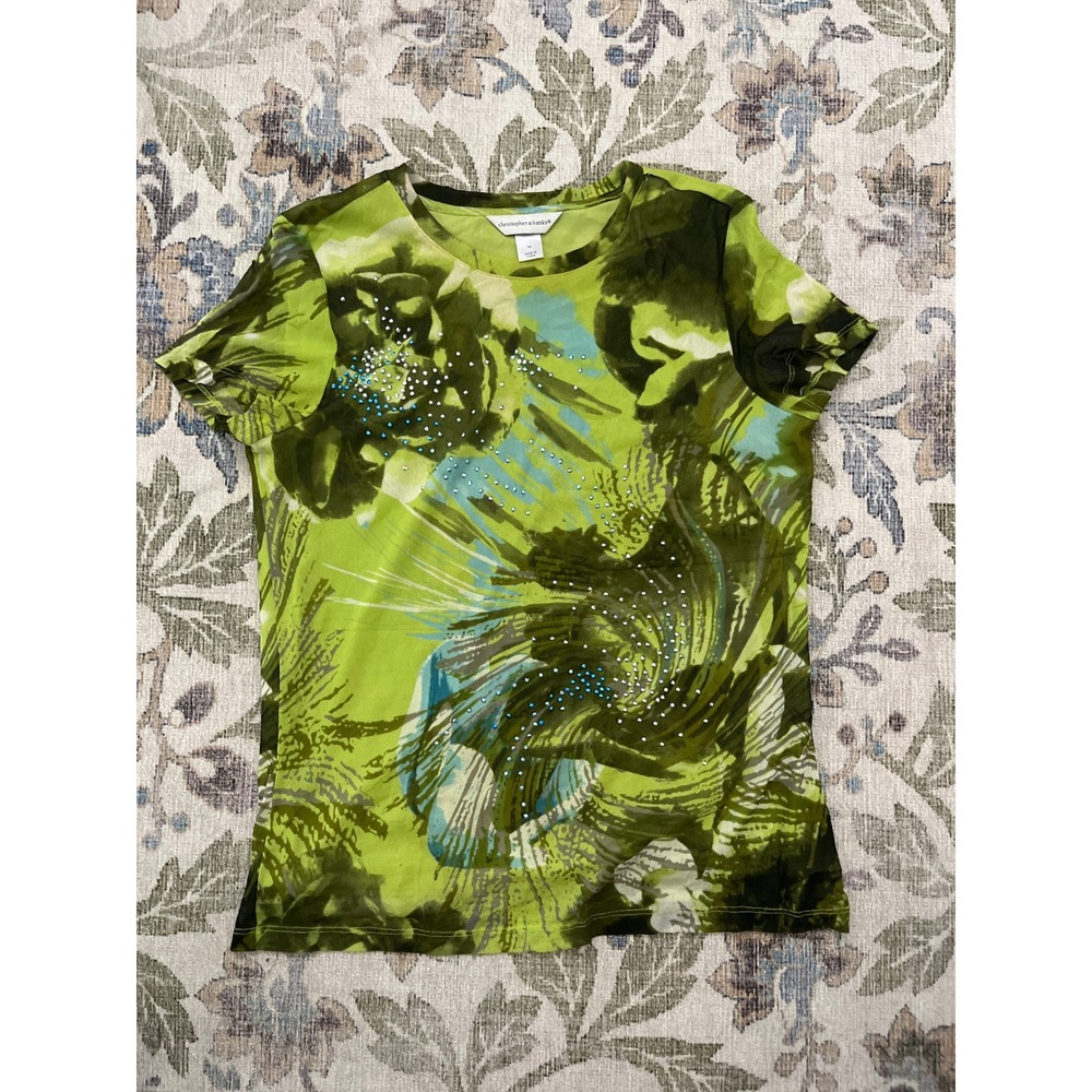Christopher & Banks Mesh Top Womens M Green Excellent Floral Rhinestone Tee